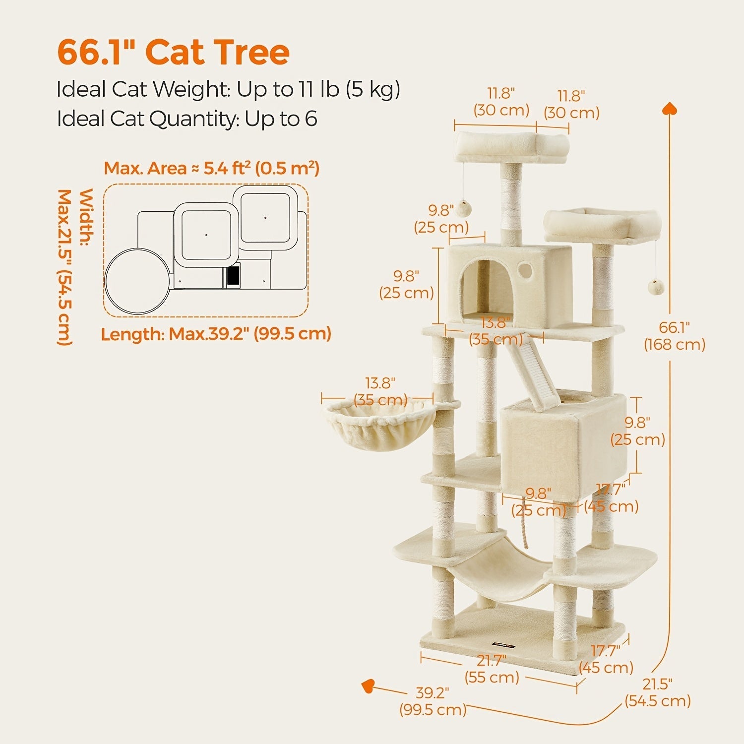 Cat Tree Tower 44 or 66 Inch Multi-Level Hammock Cozy Cave 4 Sisal Posts 2 Perches Anti-Tilt 10-Min Assembly Indoor Cats Kittens Multi-Cat Dark Gray Light Gray White Beige