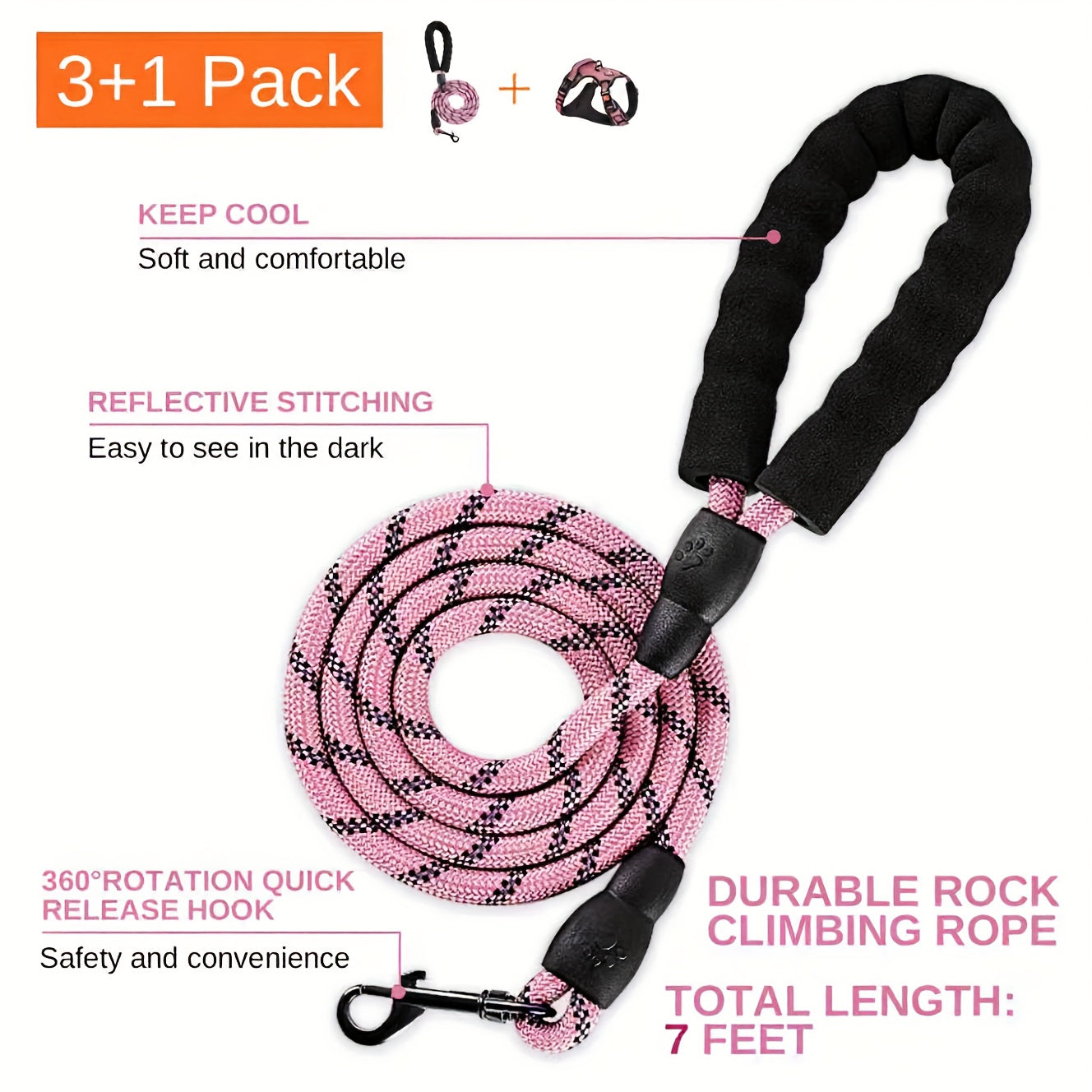 No Pull Dog Harness Set with Leash Retractable Seatbelt Collar Storage Strap Fully Reflective Breathable Mesh Adjustable Vest Harness Front Back Clip Handle XS to XL 8 Colors