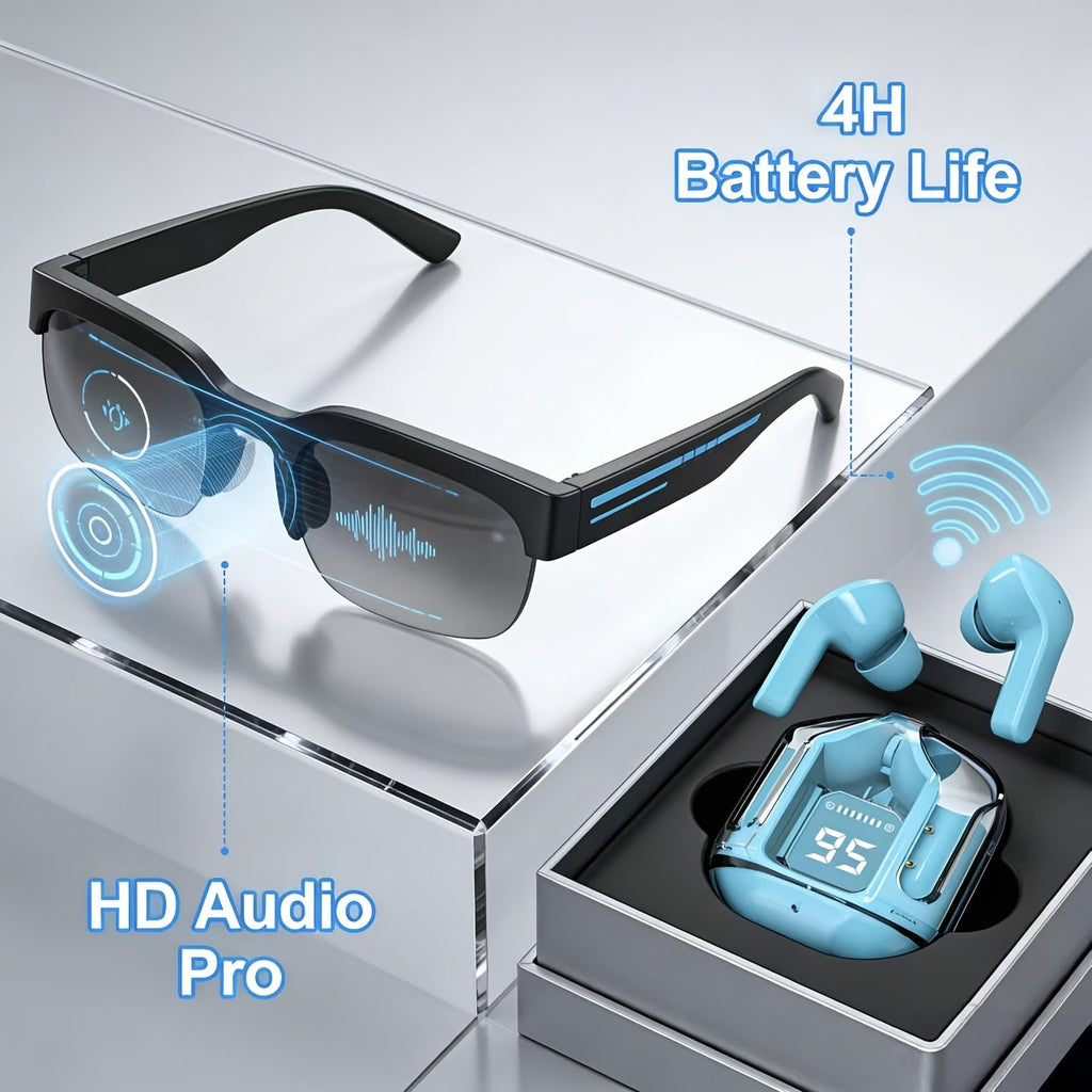 AI Translation Smart Glasses with Wireless Headphones – Real-Time Multi-Language Translator Built-in Mic Music Audio Rechargeable Wearable Tech for Travel Business Sports Daily Wear