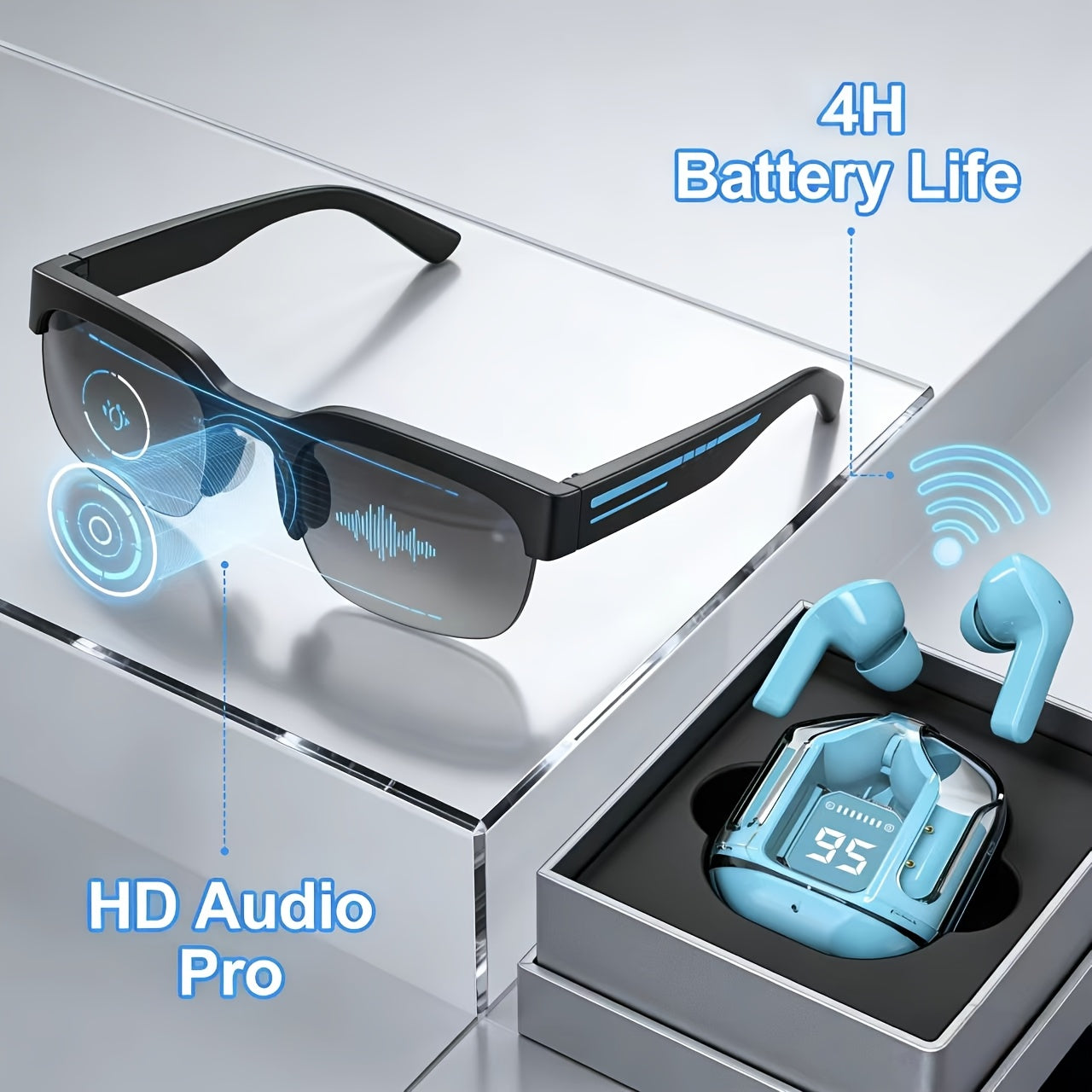 AI Translation Smart Glasses with Wireless Headphones – Real-Time Multi-Language Translator Built-in Mic Music Audio Rechargeable Wearable Tech for Travel Business Sports Daily Wear