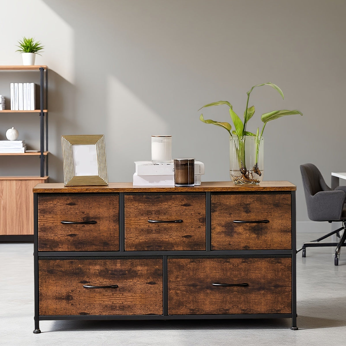 5-Drawer Lateral File Cabinet with Metal Frame & Wooden Top – Industrial Office Storage Organizer, 3 Upper + 2 Lower Drawers, Open Storage, Fits TV up to 45” – Black & Grey