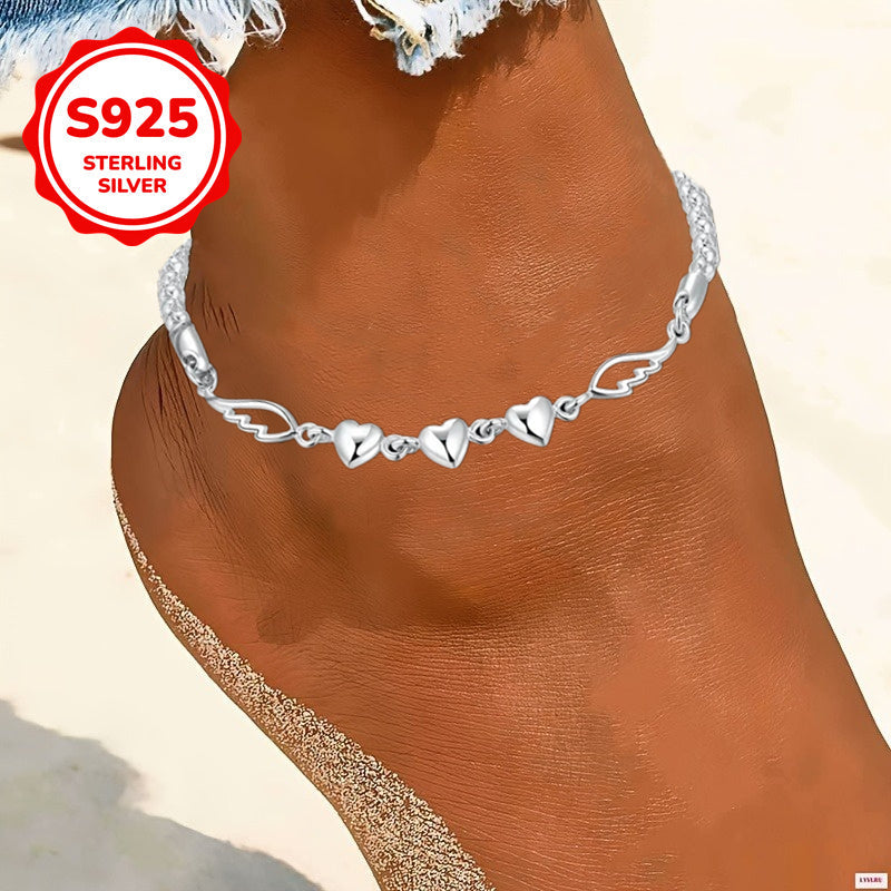925 Sterling Silver Angel Wings Anklet for Women – Love Heart Charm Chain Anklet Nickel-Free Hypoallergenic Dainty Beach Summer Jewelry Gift for Her Birthday Valentine's Day Anniversary