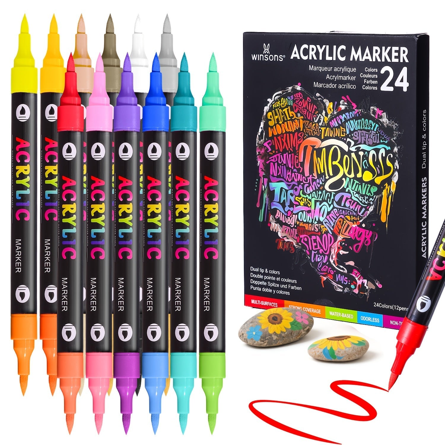 Dual-Tip Dual-Shade Acrylic Paint Markers 24 48 and 72 Colors – Quick-Dry Waterproof Brush Pens for Rock Painting Journal Doodling Canvas Wood Glass Ceramic and Home Decor – Non-Toxic Art Markers for Adults and Kids