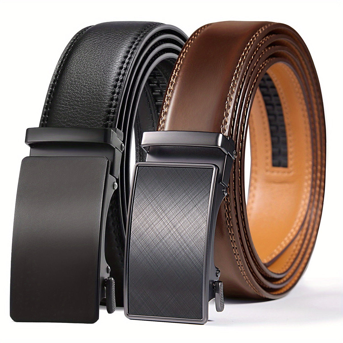Men's Ratchet Belts 2-Pack – Genuine Leather Cut-to-Fit Dress & Casual Belts for Men, Adjustable Waist 28–52 Inches, Perfect Gift for Him
