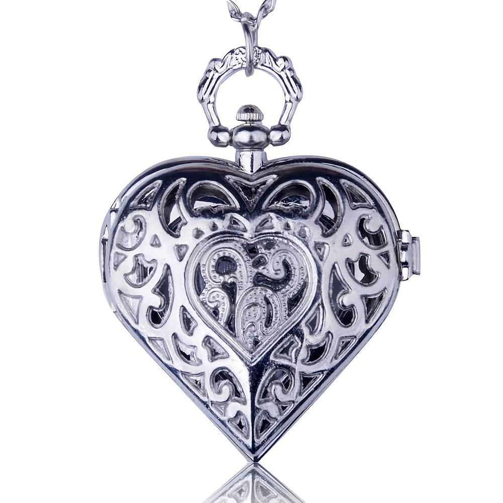 Heart Shaped Pocket Watch Necklace for Women Vintage – Romantic Hollow Quartz Pendant Sweater Chain Silver Tone Retro Jewelry, Perfect Mother's Day Valentine's Birthday Gift for Her