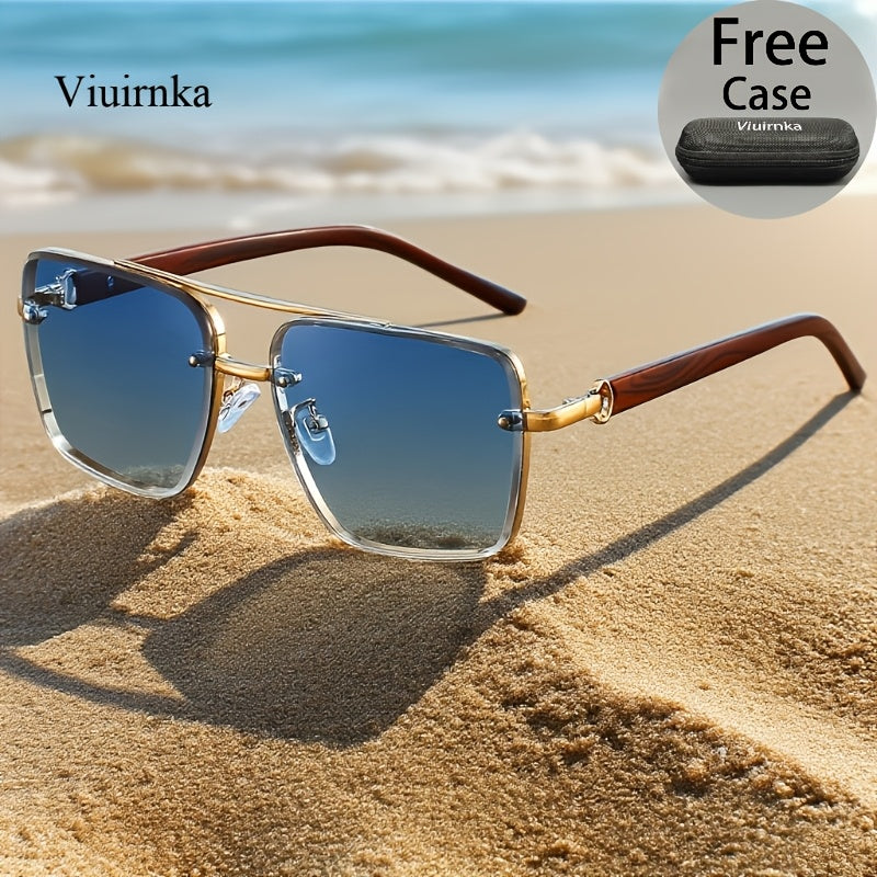 Square Retro Sunglasses Wood Grain Double Beam Unisex – UV Protection Fashion Eyewear with Case 7 Colors for Men Women Driving Travel Beach Street Photography Holiday Gift