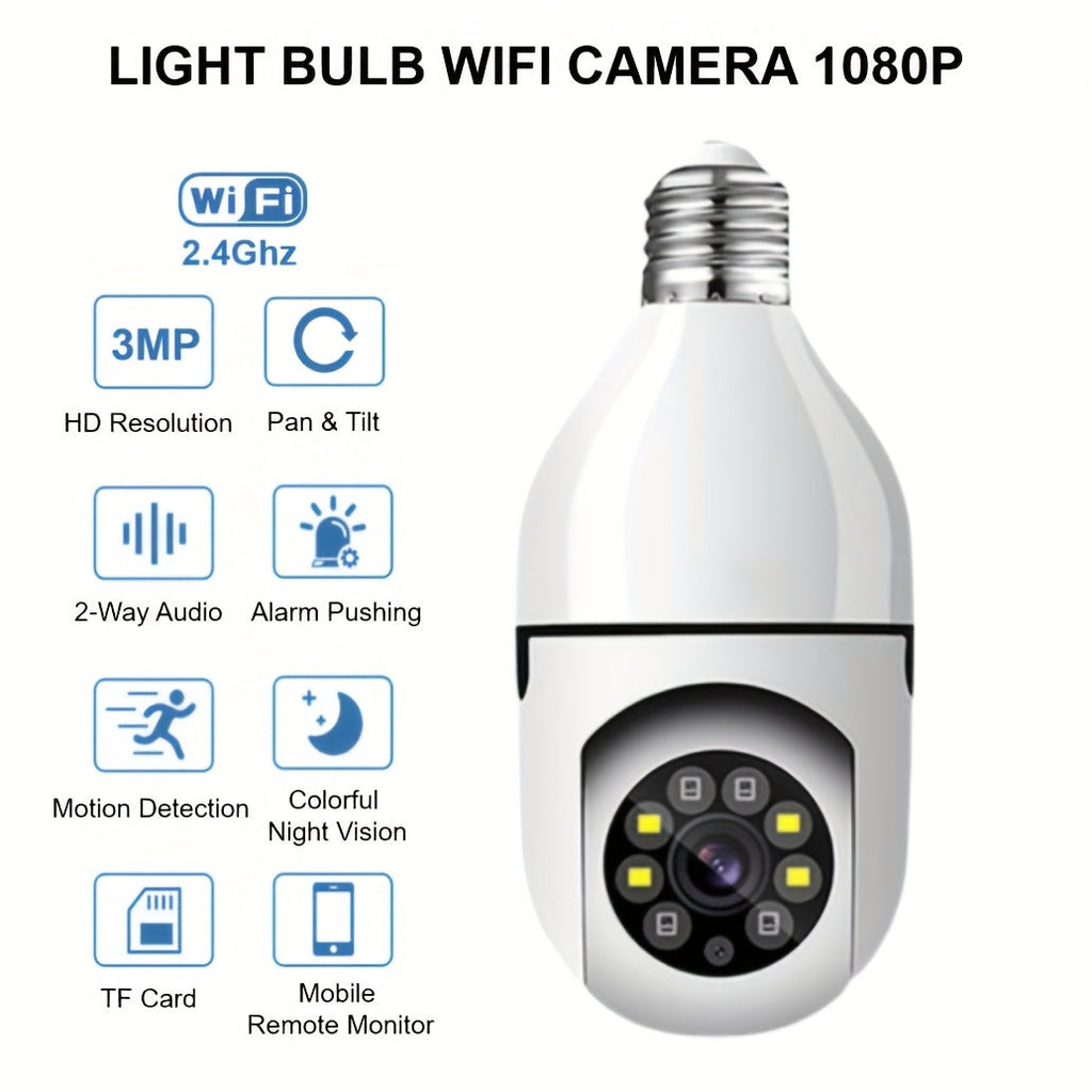 3MP Light Bulb Security Camera WiFi 2.4GHz – E26/E27 Socket 1080P Full Color Night Vision 360° Pan Tilt Two-Way Audio Motion Detection Cloud & TF Storage Indoor Home Security Camera 1 2 Pack