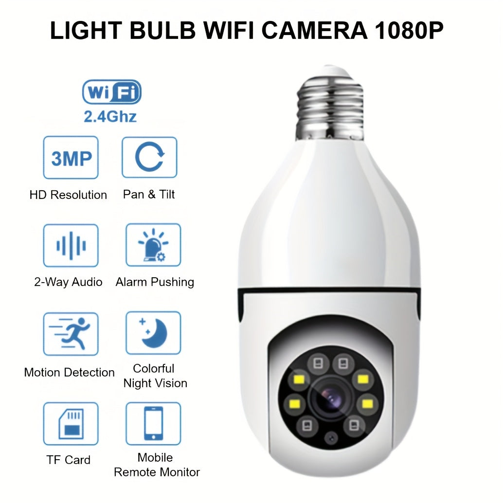 3MP Light Bulb Security Camera WiFi 2.4GHz – E26/E27 Socket 1080P Full Color Night Vision 360° Pan Tilt Two-Way Audio Motion Detection Cloud & TF Storage Indoor Home Security Camera 1 2 Pack