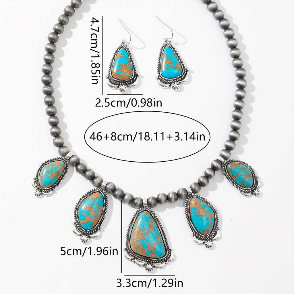 Vintage Boho Turquoise & Orange Beadwork Earrings Necklace Set for Women – Ethnic Zinc Alloy Jewelry for Everyday Holiday Festival Gift