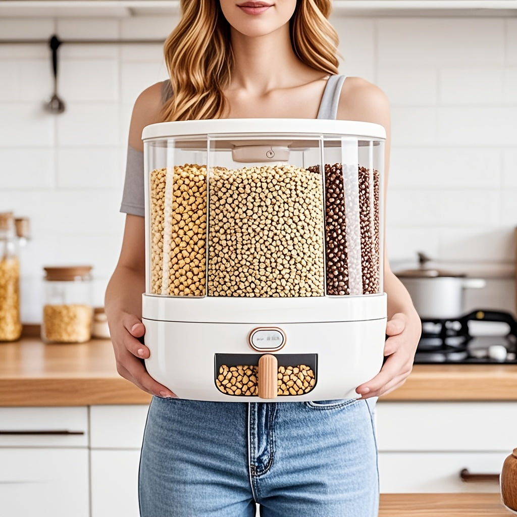 Rotating Cereal Dispenser 6-Grid Large Capacity Airtight Rice Storage Container, Moisture-Proof Insect-Proof Grain Dispenser with Transparent Window & Press Button, Food-Grade PP for Rice Grains Flour