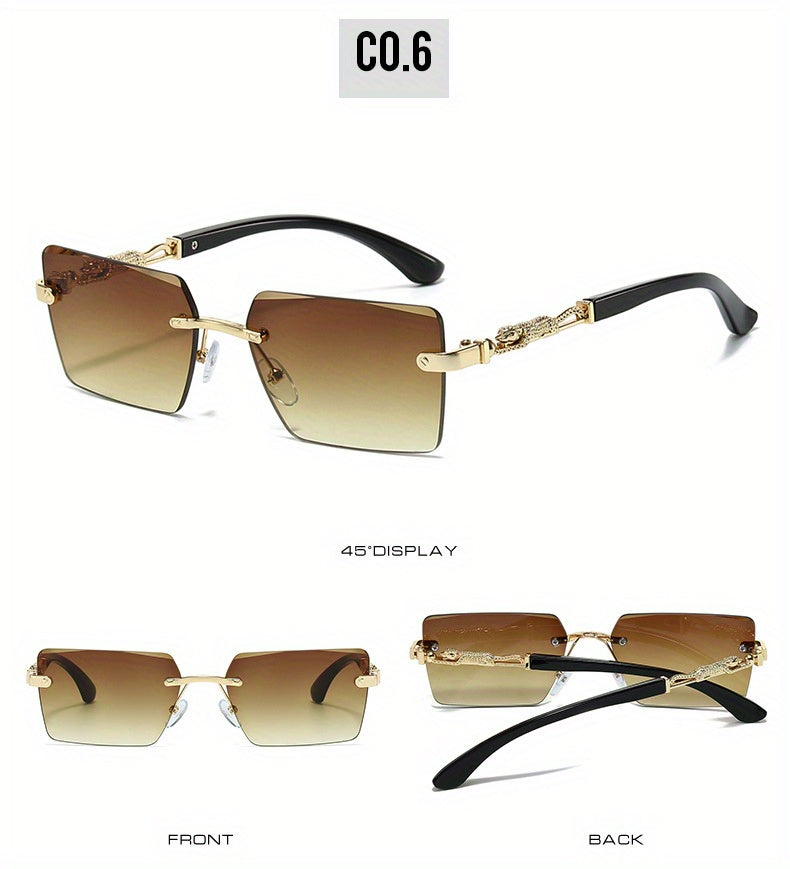 Unisex Rimless Leopard Sunglasses - UV400 Narrow Rectangular Frameless Shades in Black & Gold, Premium Fashion Eyewear for Men & Women, Includes Case & Cloth, Great for Parties Travel & Festivals