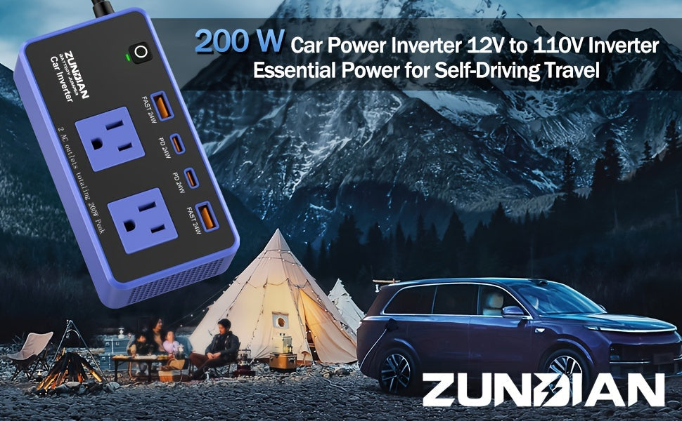 200W Car Power Inverter DC 12V to AC 110V with 24W USB-C Fast Charge & Dual USB-A 4.8A Ports Vehicle Outlet Adapter for Laptop Camping Travel Road Trip Power Converter