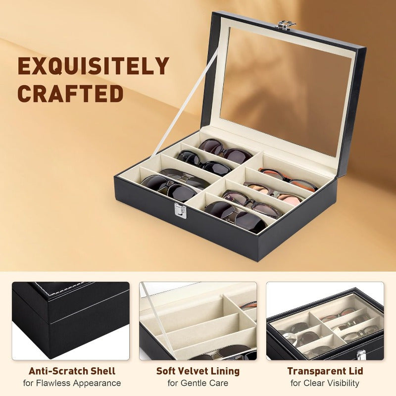 8-Slot PU Leather Eyeglasses Storage Case – Large Capacity Glasses Organizer Display Box for Sunglasses Reading Glasses Household Collection Black White Green