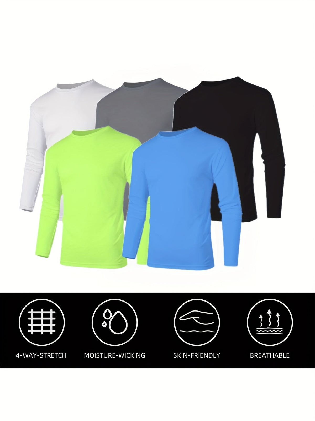 Men's Long Sleeve Shirts 5 Pack – Quick Dry Moisture Wicking 100% Polyester Athletic Tee, S-3XL, Running Training Hiking Golf Casual Wear