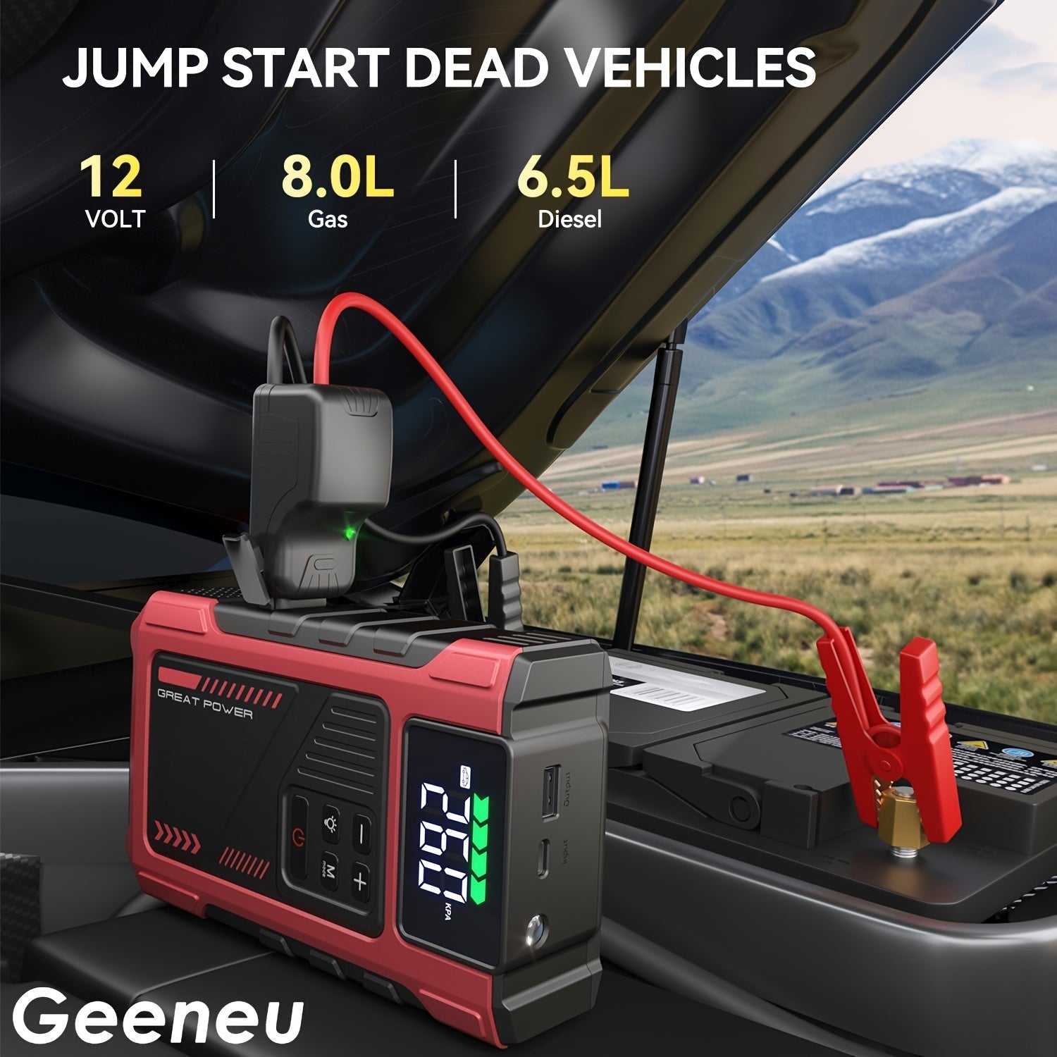 9 in 1 Portable Jump Starter with Air Compressor for 12V Cars Up to 8.0L Gas 6.5L Diesel Battery Booster Pack Tire Inflator USB Power Bank LED Emergency Light Safety Hammer Roadside Kit