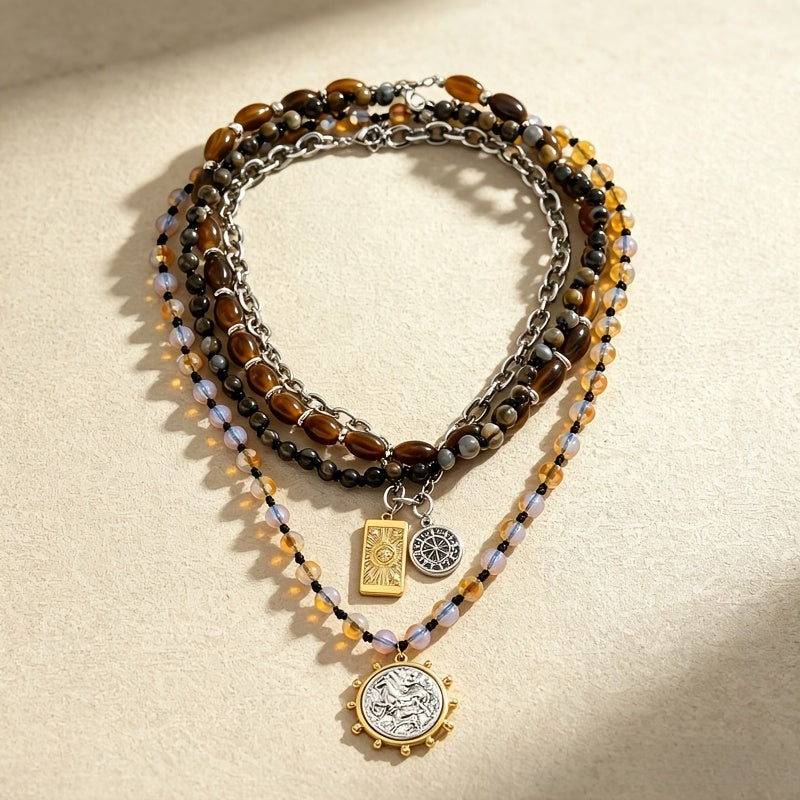 Tiger's Eye Beaded Multi-Layer Boho Necklace for Women – Vintage Nautical Compass Pendant Stackable Layered Clavicle Chain Bohemian Natural Stone Statement Jewelry Gift