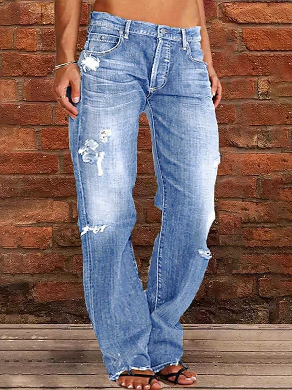 Ripped Flare Wide Leg Jeans Women Distressed Stretch Denim Fashion Streetwear Casual Pants Light Blue Dark Blue XS-XXL