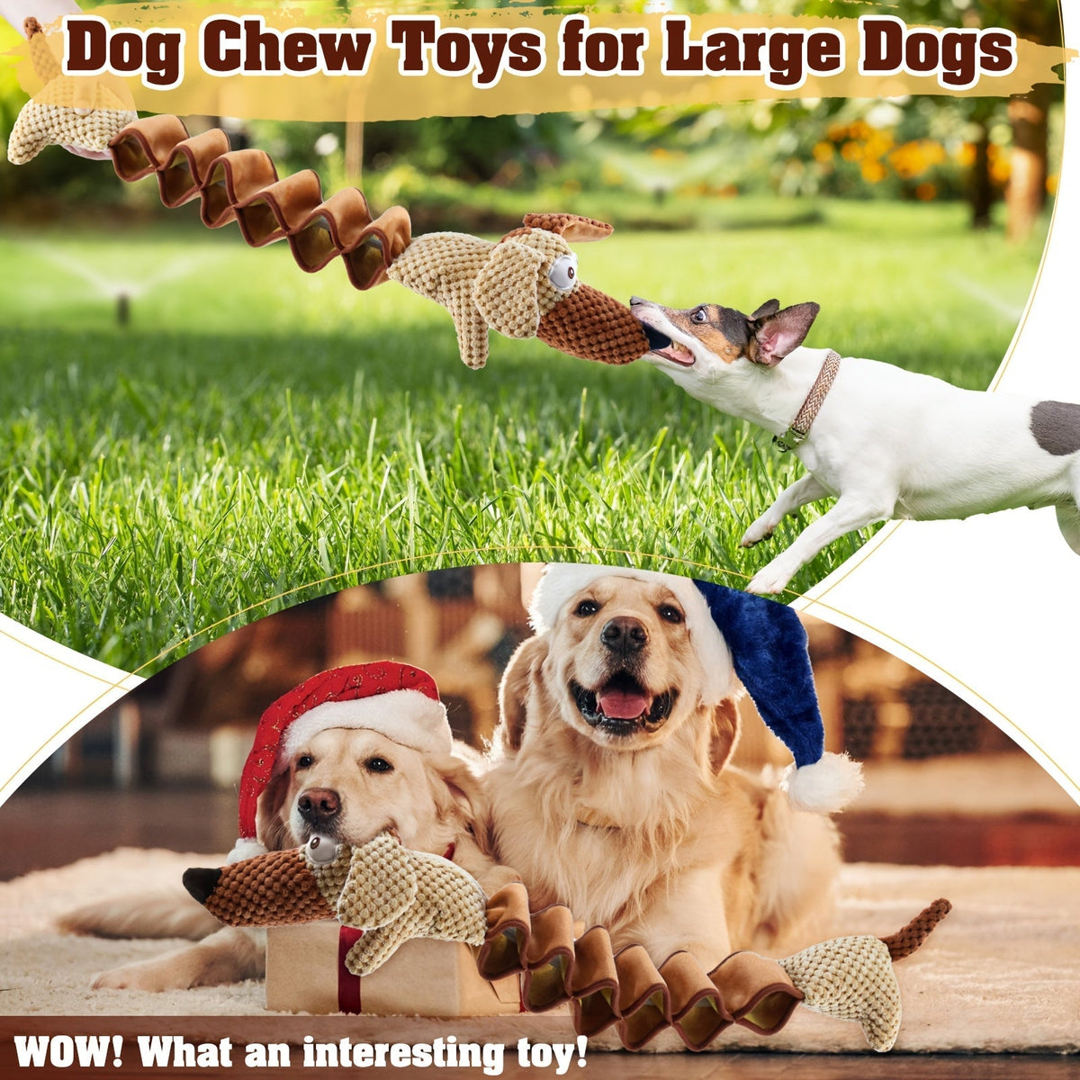 Large Squeaky Crinkle Dog Toy Extendable 15.7 to 19.7 Inch Plush Pull Tug Bite Toy Crinkled Paper Filling Small Medium Large Dogs Interactive Fetch Chew Toy No Battery