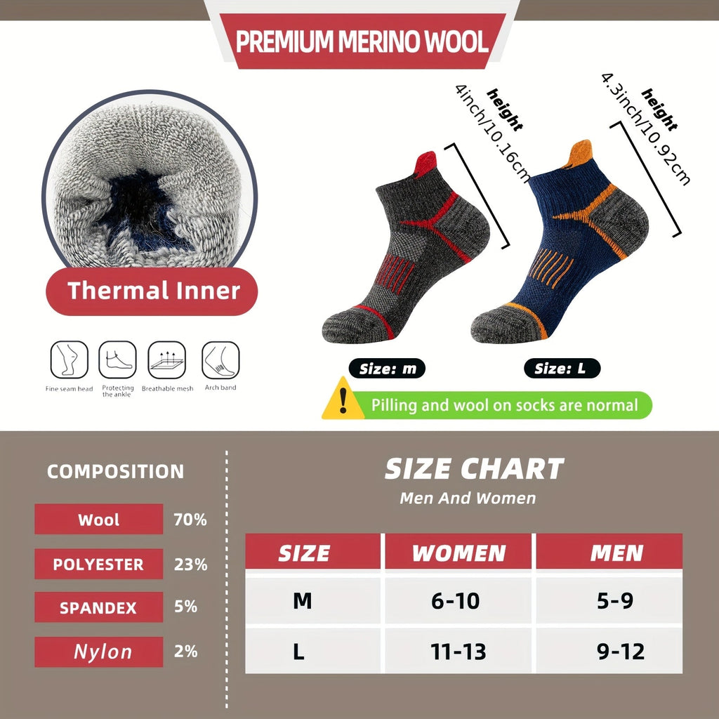 Merino Wool Hiking Socks 6 Pairs for Men & Women – Cushioned Ankle Compression Running Work Socks, Moisture-Wicking Breathable Low Cut No-Show Design, All-Season Blister-Free Comfort