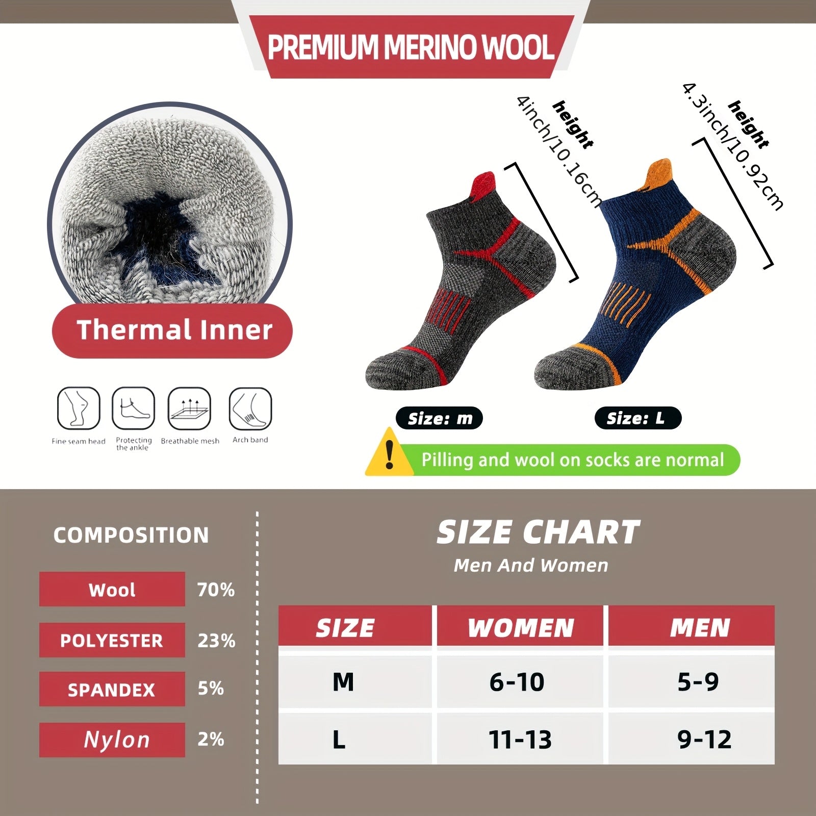 Merino Wool Hiking Socks 6 Pairs for Men & Women – Cushioned Ankle Compression Running Work Socks, Moisture-Wicking Breathable Low Cut No-Show Design, All-Season Blister-Free Comfort