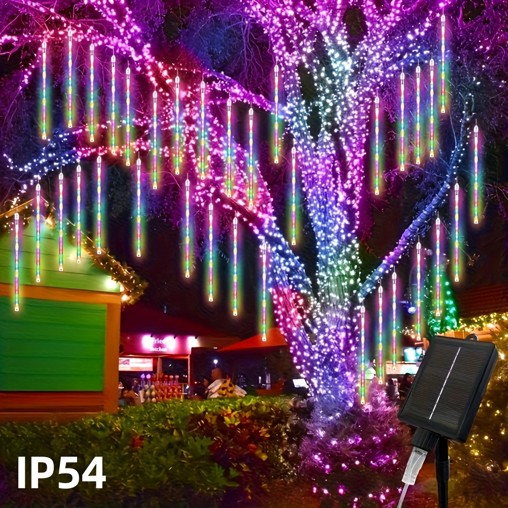 Solar Meteor Shower String Lights 192 LED Outdoor Waterproof - Flower Theme 8 Modes Fairy Lights for Garden Patio Tree Christmas Halloween Independence Day Warm White Multi-Color Blue