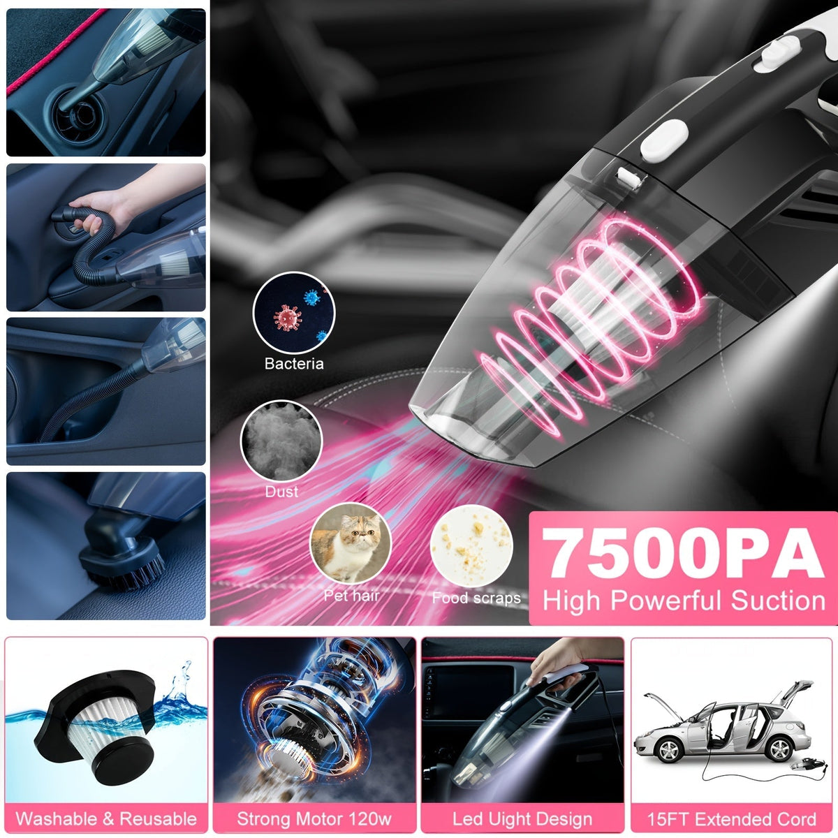 41-Piece Car Wash Detailing Kit with 120W Handheld Vacuum Cleaner Foldable Bucket Windshield Tool Tire Brush Snow Shovel Interior Exterior Complete Car Care Set Pink Black Blue
