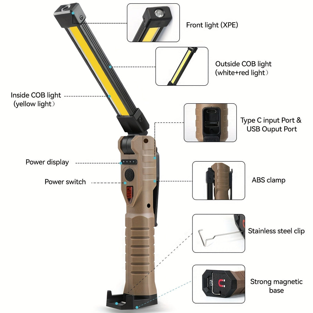 Hanging COB LED Rechargeable Work Light Bulk Pack – Portable Built-In Battery Lamp for Camping Yard Party Garage Vehicle Maintenance Emergency, Black & Khaki, 2 4 6 8 10 Pack Options