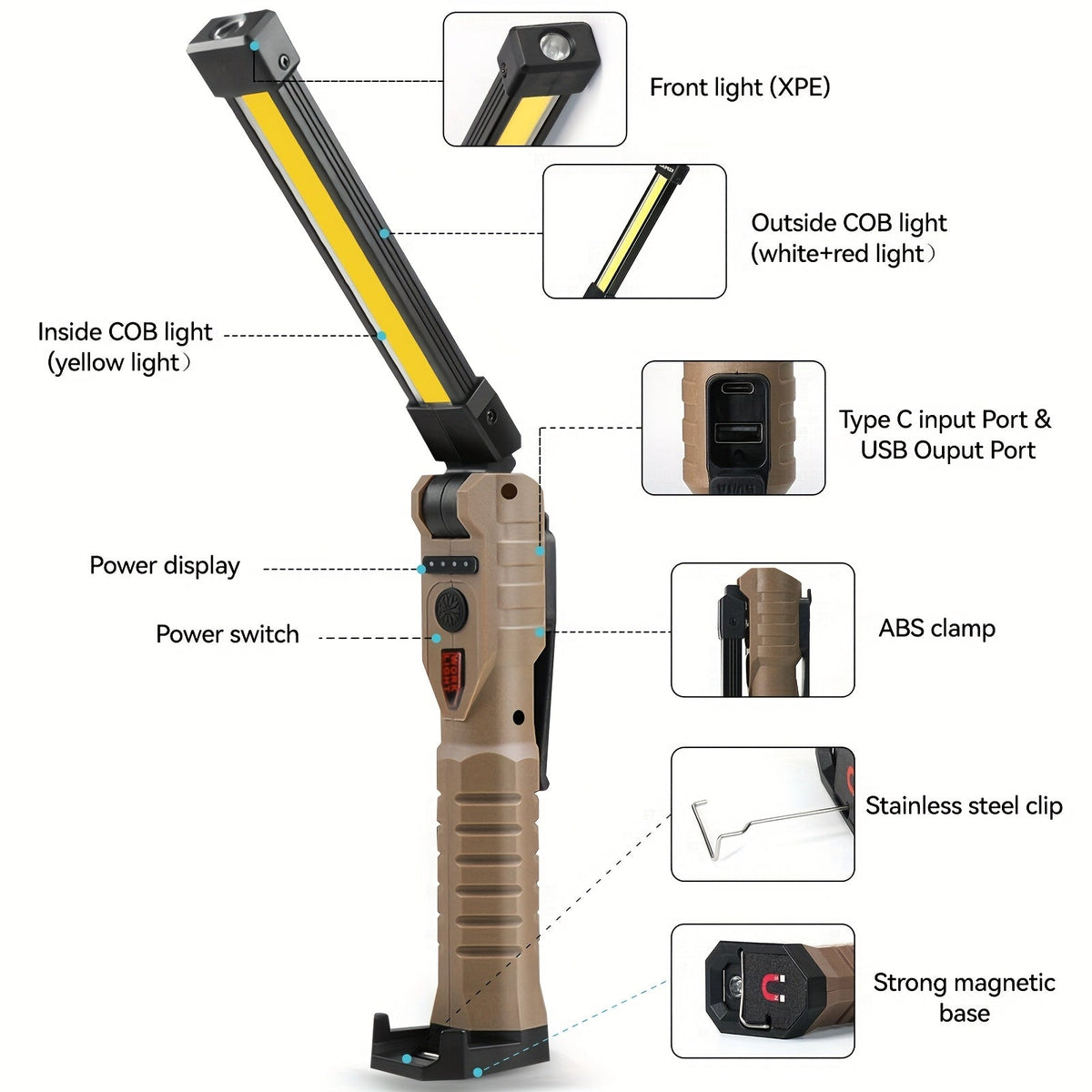 Hanging COB LED Rechargeable Work Light Bulk Pack – Portable Built-In Battery Lamp for Camping Yard Party Garage Vehicle Maintenance Emergency, Black & Khaki, 2 4 6 8 10 Pack Options