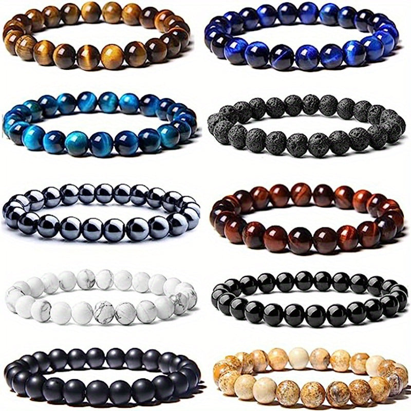 10-Piece 8mm Natural Stone Stretch Beaded Bracelet Set Unisex Stackable Round Bead Vintage Style Men Women Holiday Gift