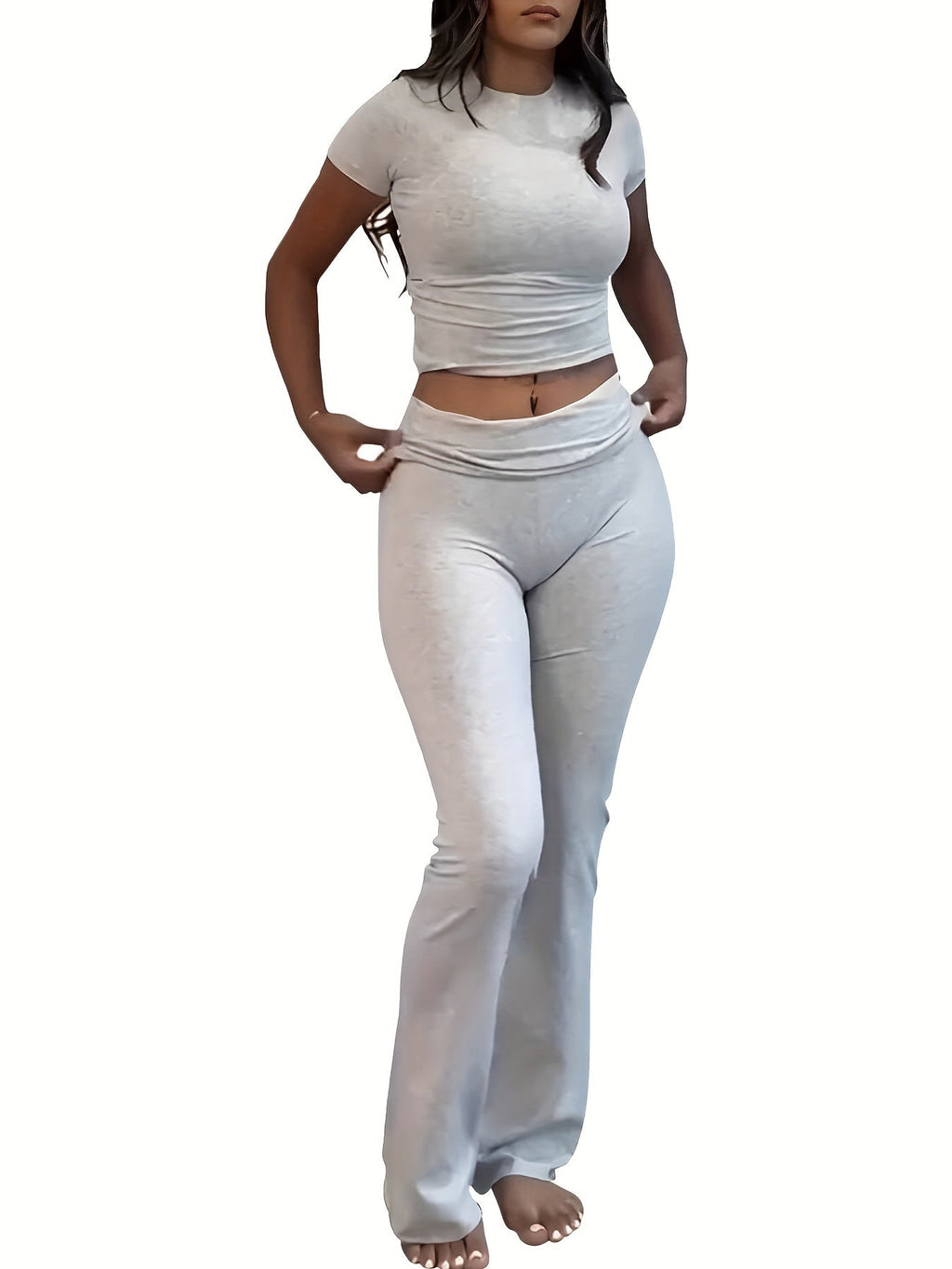 Women's Two-Piece Outfit Set Slim Fit Crew Neck Short Sleeve Tee & Skinny Flared Leg Pants – Casual Solid Color Matching Loungewear Tracksuit 9 Colors XS-XL