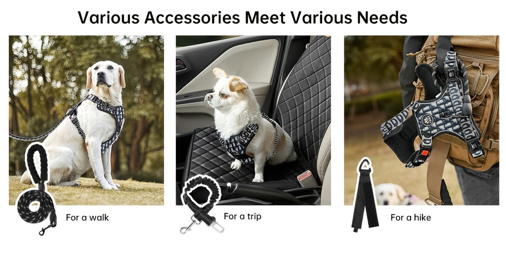 No Pull Dog Harness Set with Leash Retractable Seatbelt Collar Storage Strap Fully Reflective Breathable Mesh Adjustable Vest Harness Front Back Clip Handle XS to XL 8 Colors
