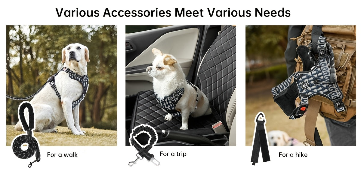 No Pull Dog Harness Set with Leash Retractable Seatbelt Collar Storage Strap Fully Reflective Breathable Mesh Adjustable Vest Harness Front Back Clip Handle XS to XL 8 Colors