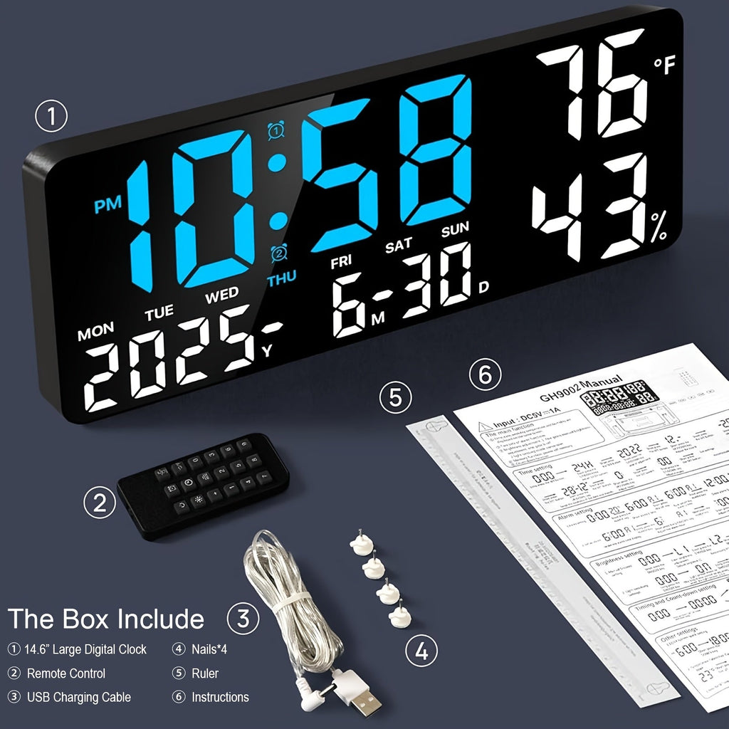 Large Screen LED Alarm Clock with Auto-Dimming Remote Control – 15 Inch Digital Clock Displays Time, Date, Week, Temperature & Humidity – Bedroom Bedside Clock for Seniors, Living Room, Office Desk