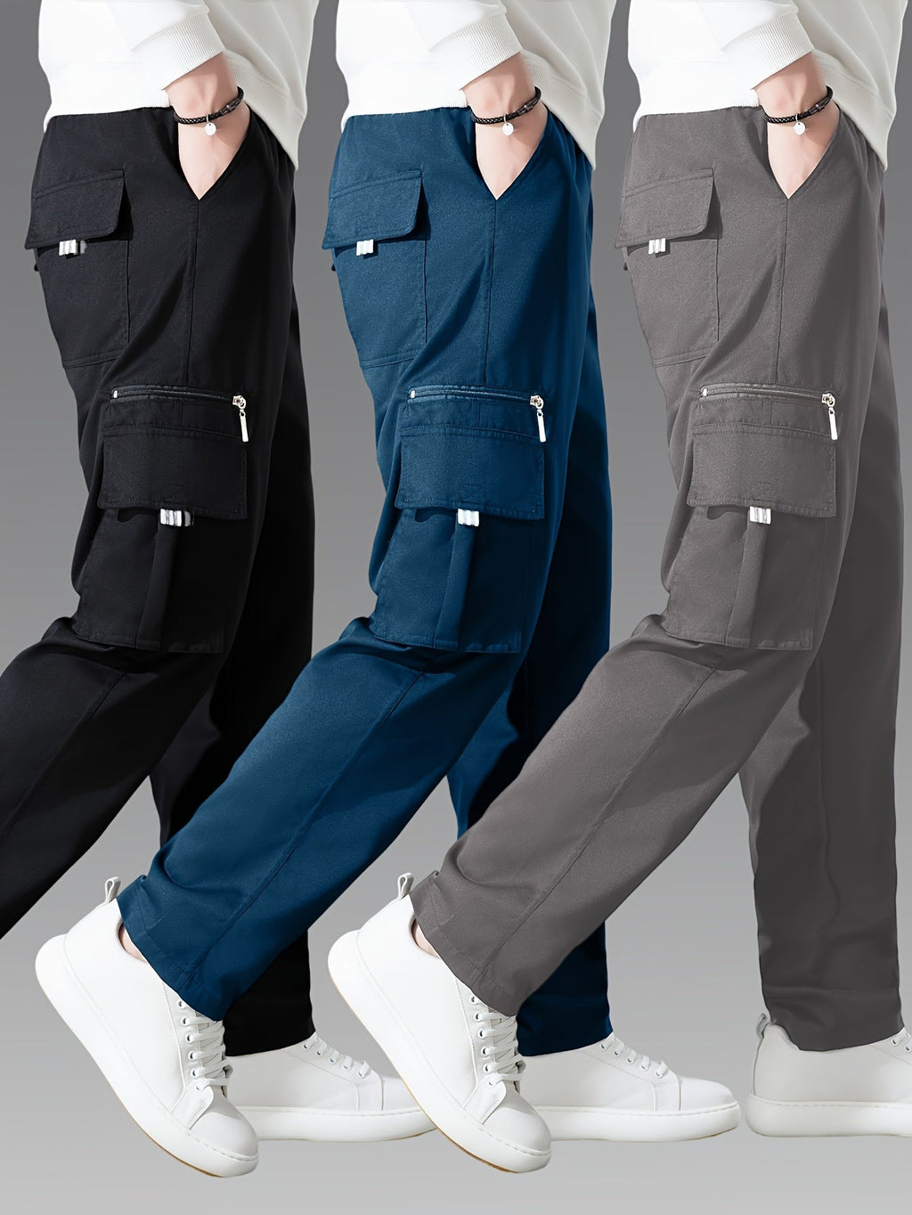 Men's Cargo Pants 3-Pack Multi-Pocket Tactical Outdoor Travel Casual Daily Pants Sizes S-XXXL 10 Colors Black Khaki Army Green Navy Blue Dark Gray