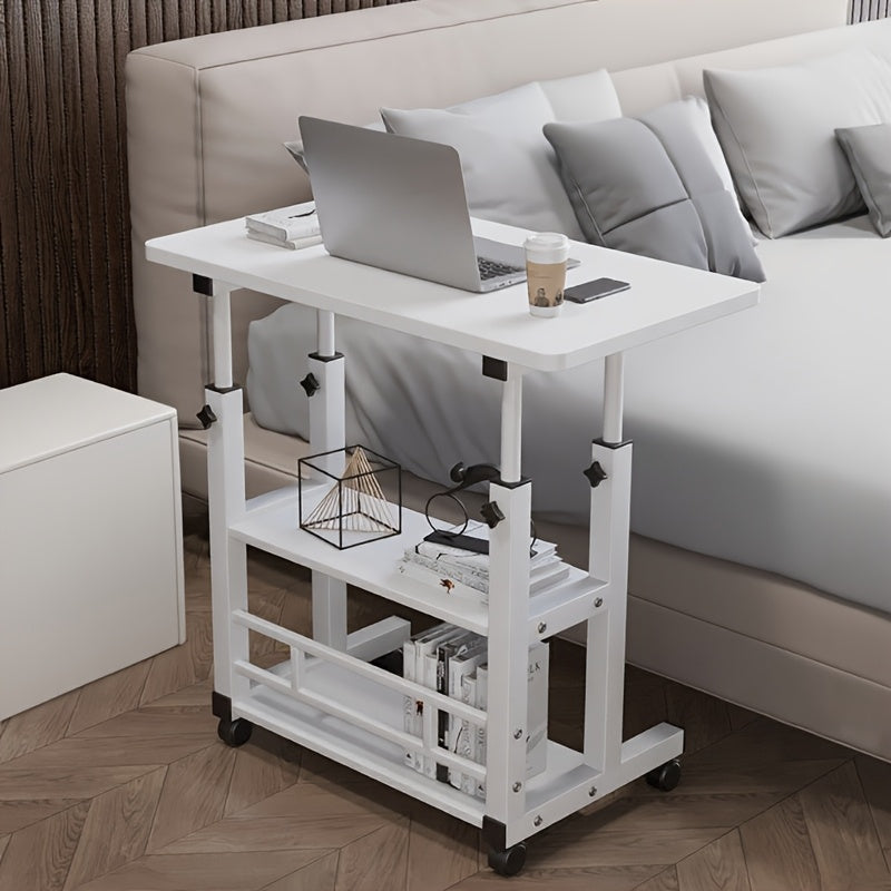 Rolling Folding Desk 3-Tier with Wheels Height Adjustable Expandable Desktop Storage Shelf Laptop Study Home Office Bedroom Living Room Computer Table Multi-Color