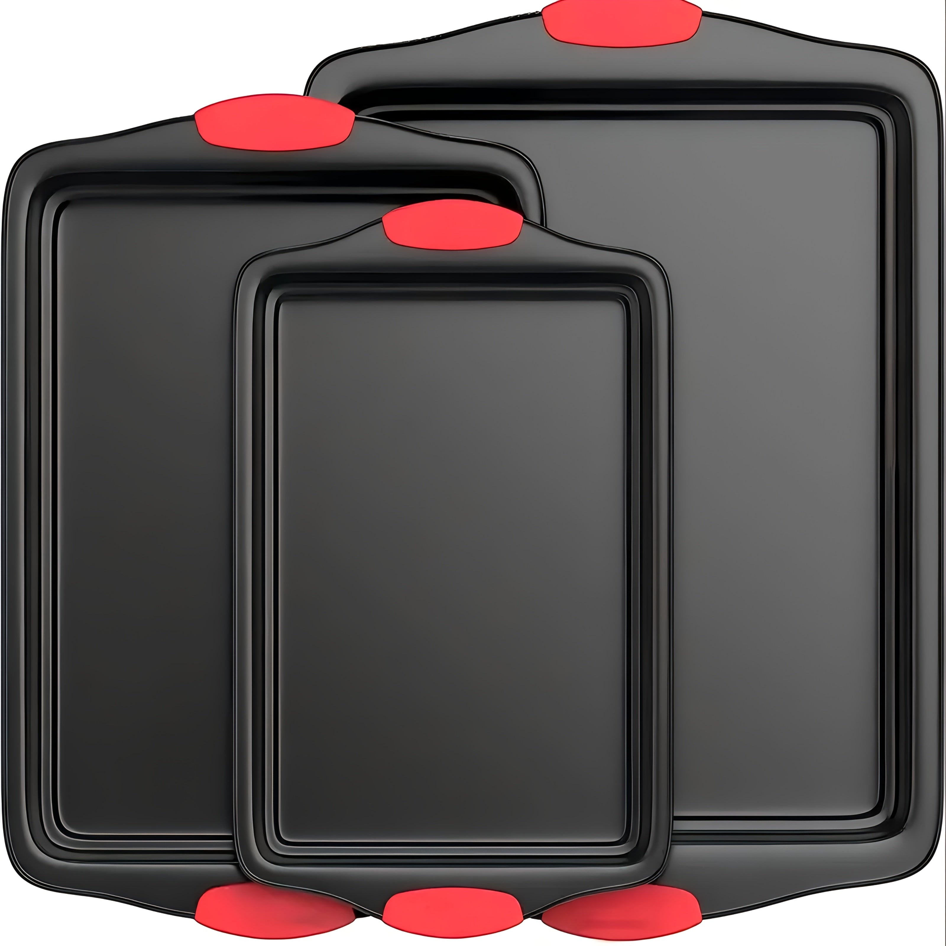 Carbon Steel Non-Stick Baking Pan Set 3-Piece – Commercial Restaurant Grade Oven Safe Bakeware with Red Silicone Handle Double-Sided Coating Sheet Pan Cookie Tray Roasting Pan for Home Kitchen